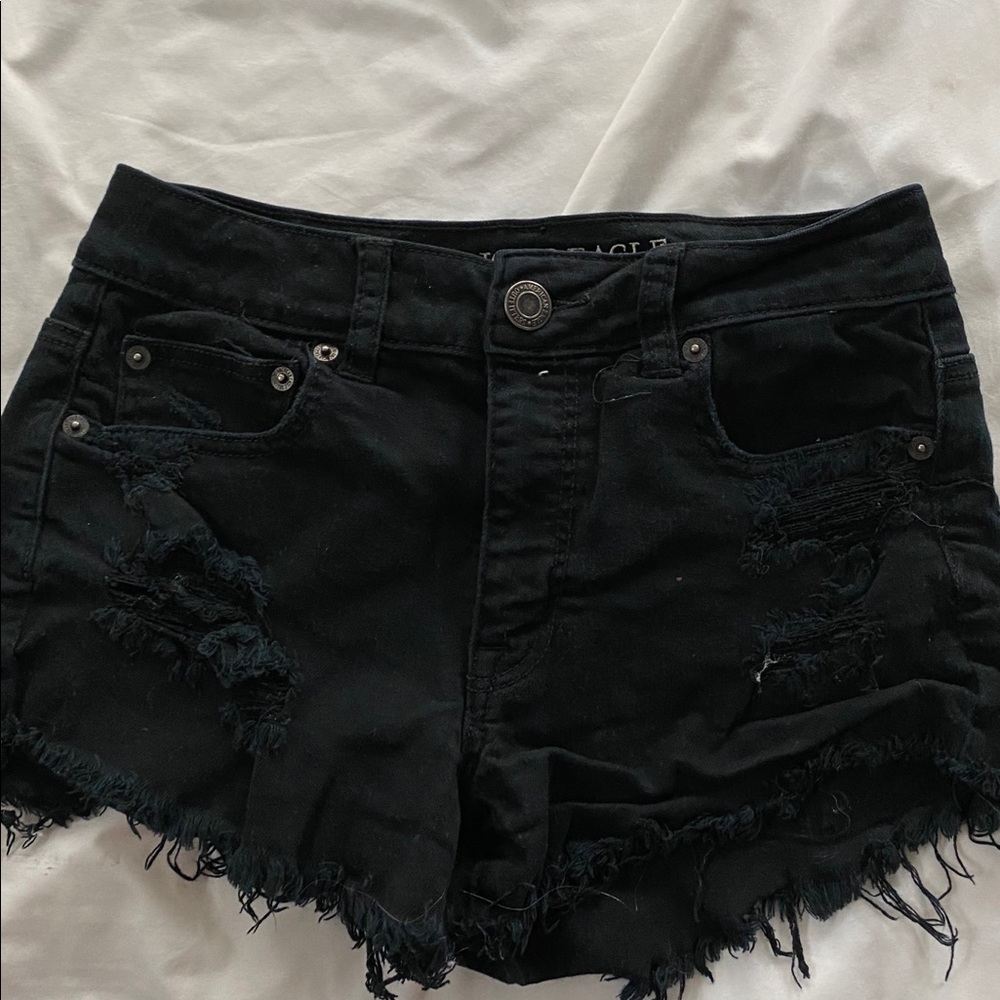 black high rise distressed jean shorts